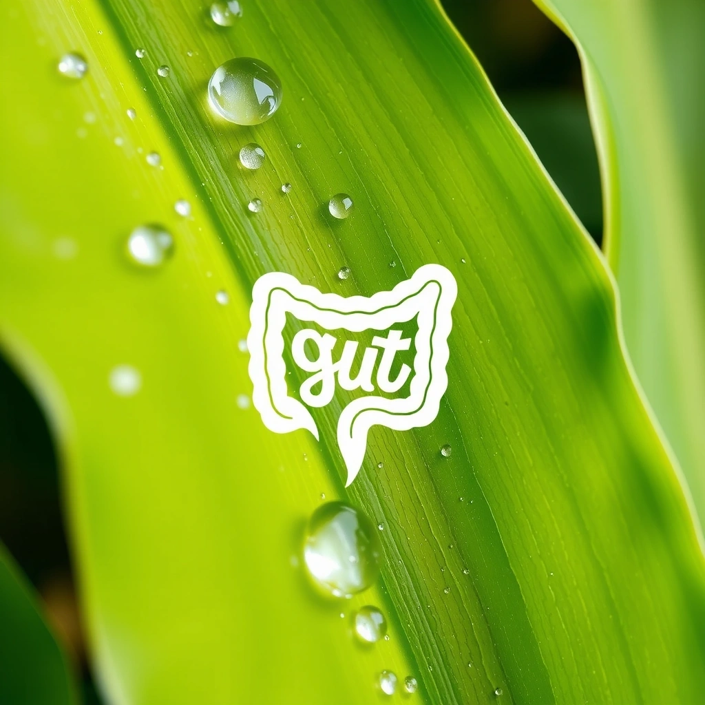 Ein Blatt mit Wassertropfen und einem Darm-Symbol, das Verdauungsgesundheit darstellt.